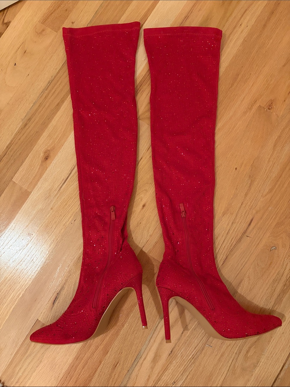 NWOT Red over the Knee-High Stiletto Boots with SEQUINS AND SPARKLE- Women’s  10
